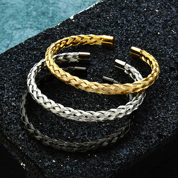 Woven Braided Open Cuff Bracelet - Stainless Steel