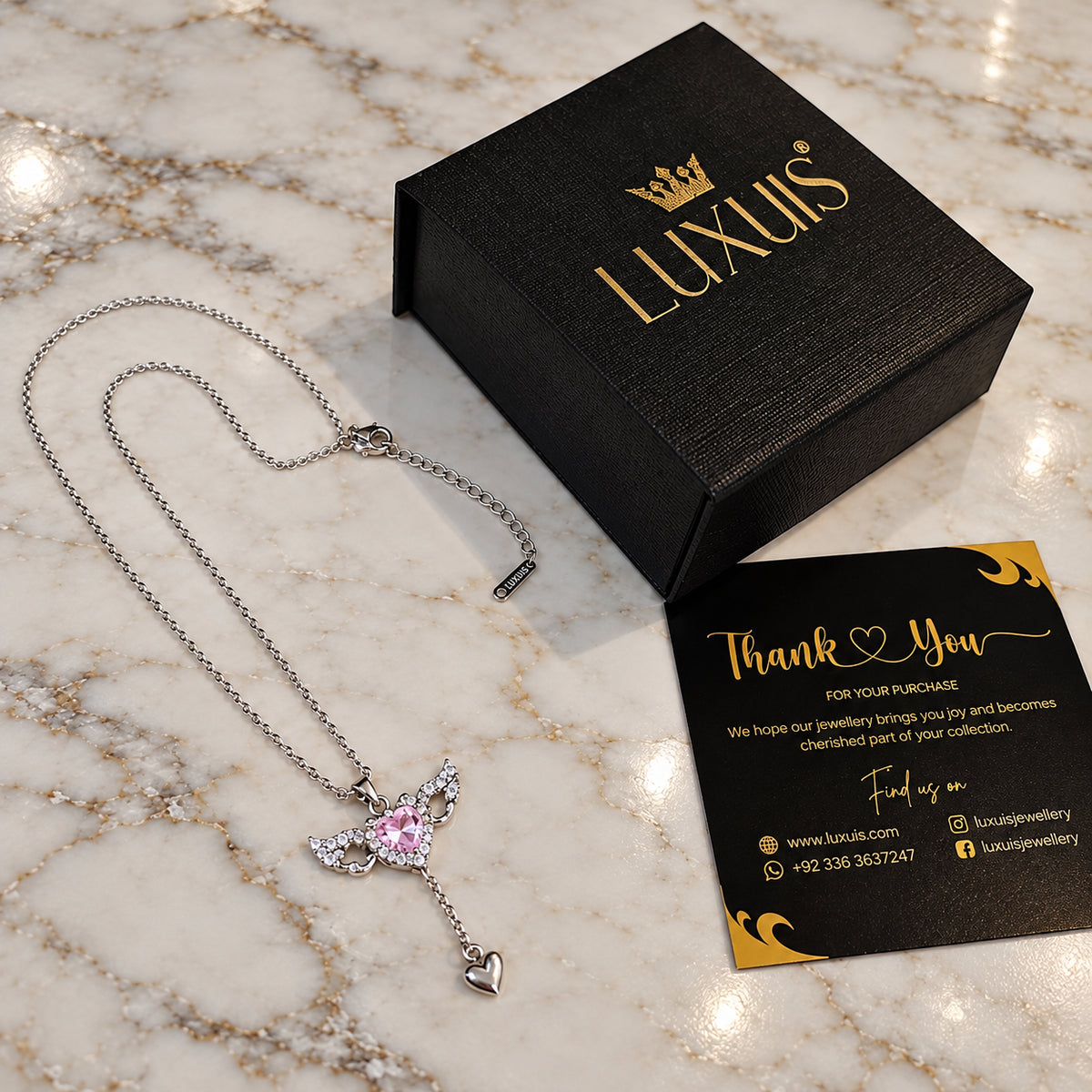 Moving Angel Wings Pink Heart Pendant Necklace