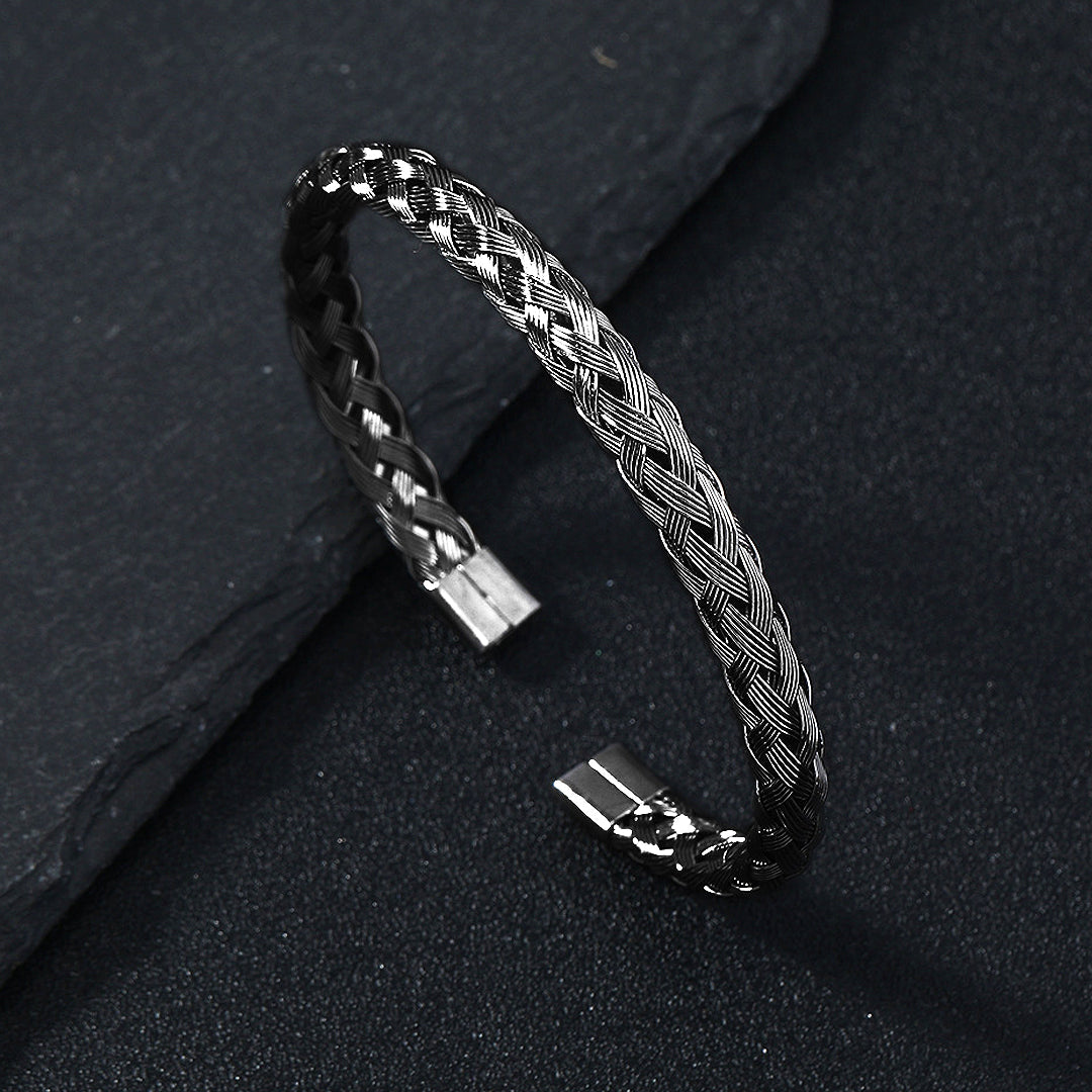 Woven Braided Open Cuff Bracelet - Stainless Steel
