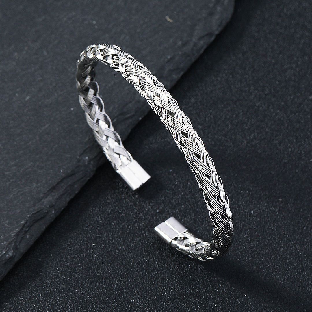 Woven Braided Open Cuff Bracelet - Stainless Steel