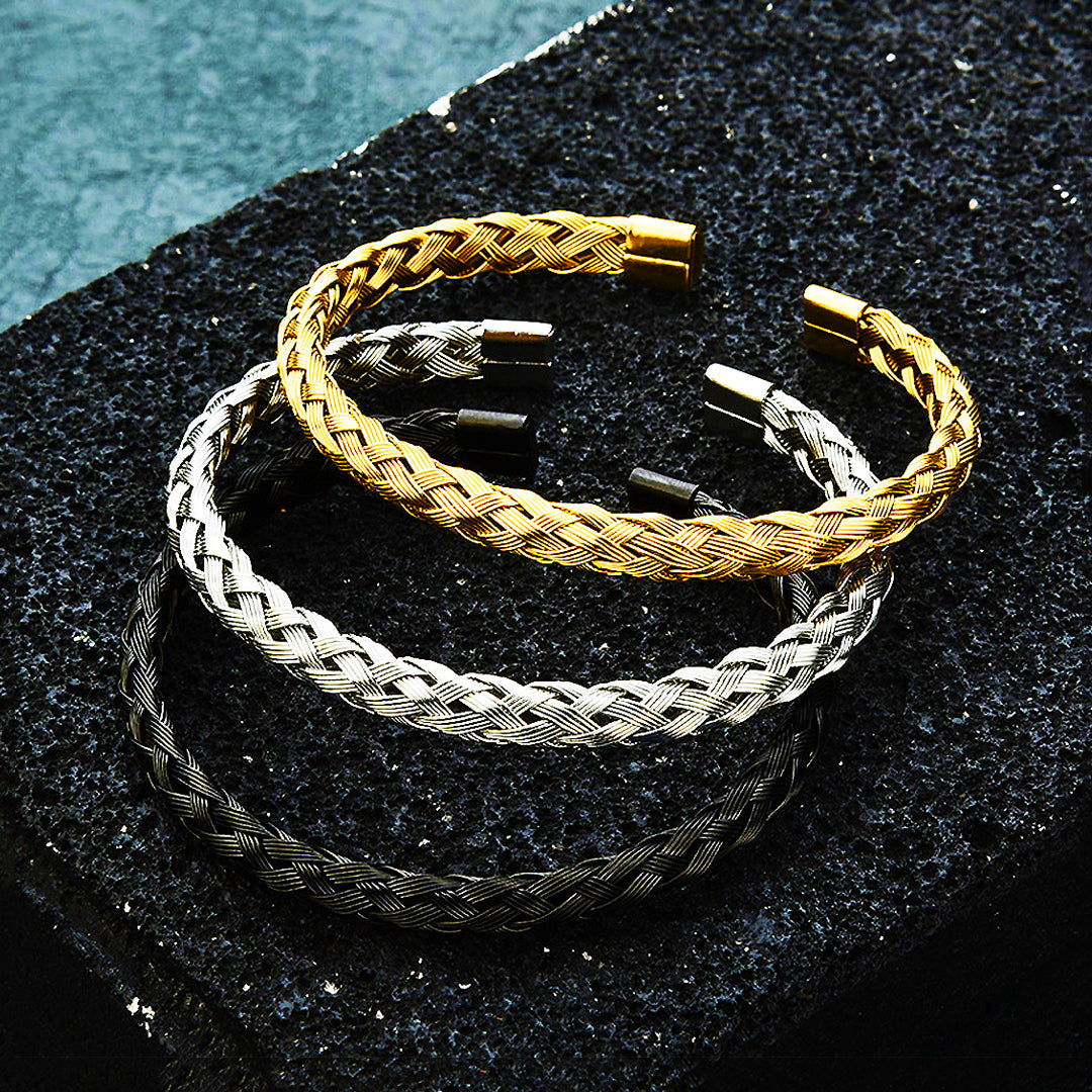 Woven Braided Open Cuff Bracelet - Stainless Steel
