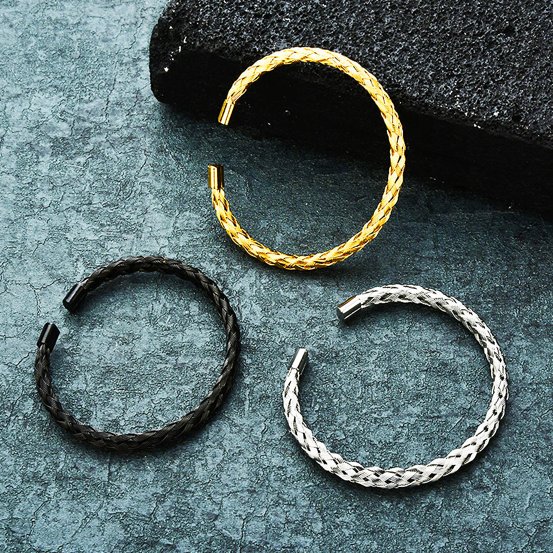 Woven Braided Open Cuff Bracelet - Stainless Steel