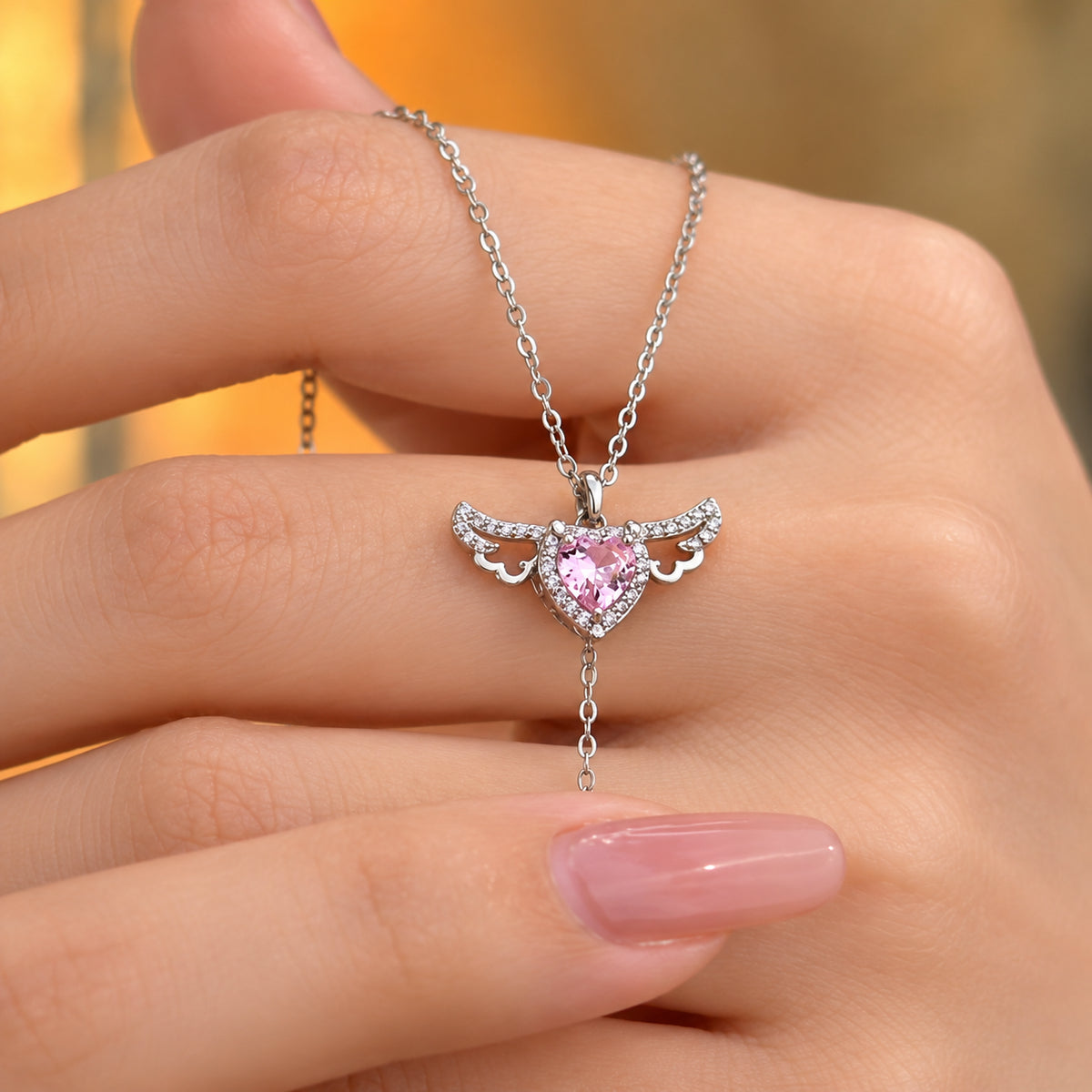 Moving Angel Wings Pink Heart Pendant Necklace