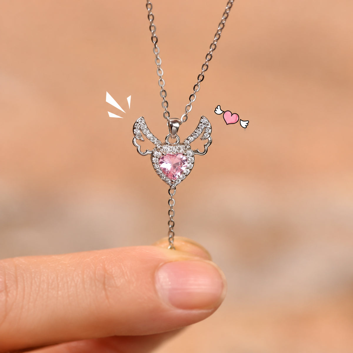Moving Angel Wings Pink Heart Pendant Necklace