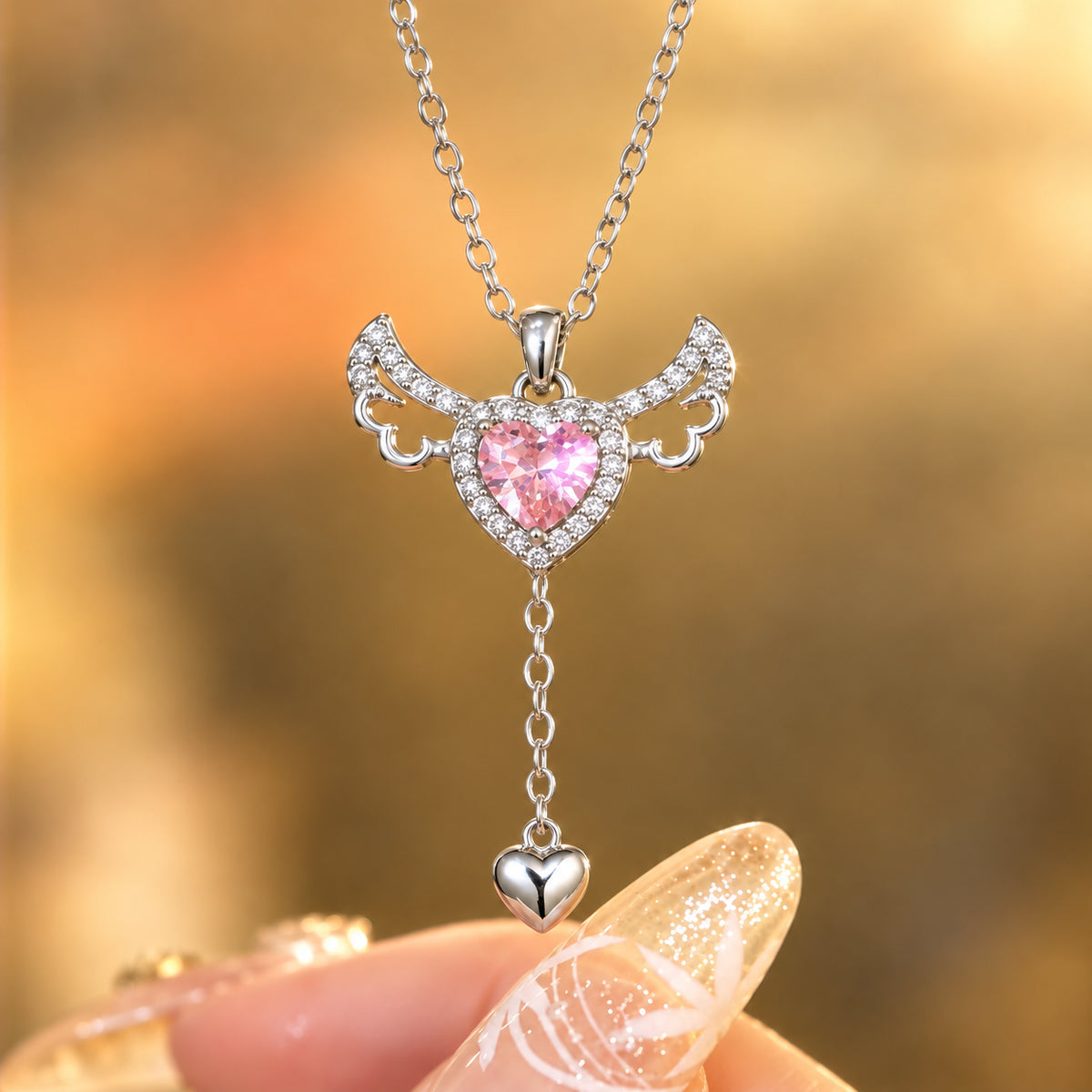 Moving Angel Wings Pink Heart Pendant Necklace