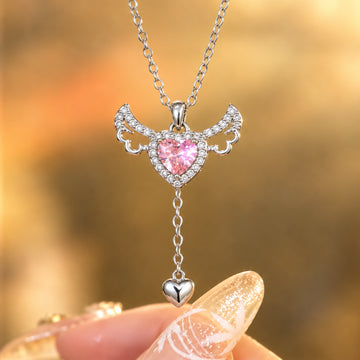 Moving Angel Wings Pink Heart Pendant Necklace
