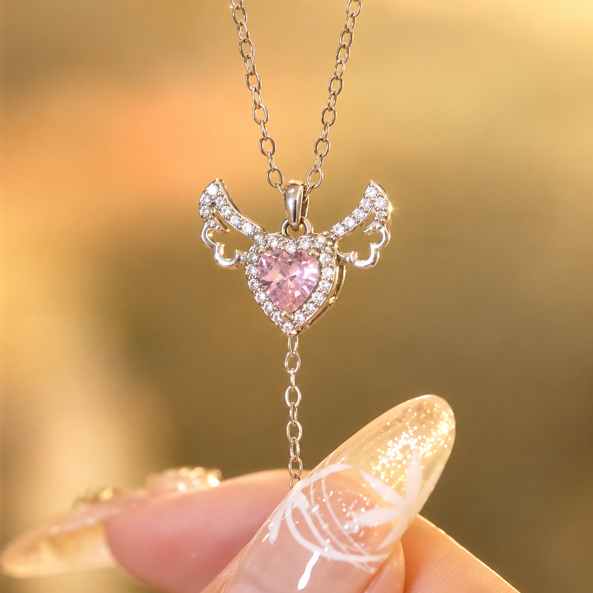 Moving Angel Wings Pink Heart Pendant Necklace