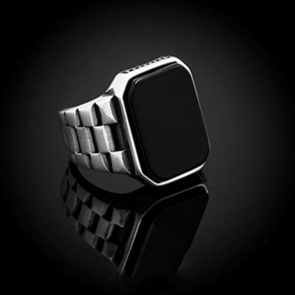 Black Onyx Stone Watch Band Design 925 Silver Ring