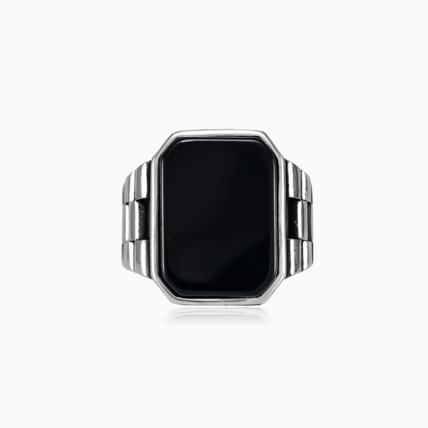 Black Onyx Stone Watch Band Design 925 Silver Ring