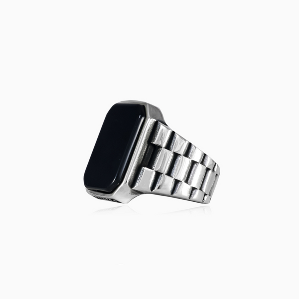 Black Onyx Stone Watch Band Design 925 Silver Ring