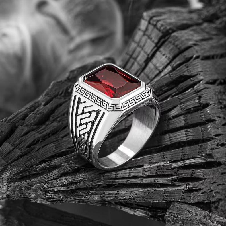 Ancient Greek Desing Ring 925 Sterling Silver - Red Turkish Ring