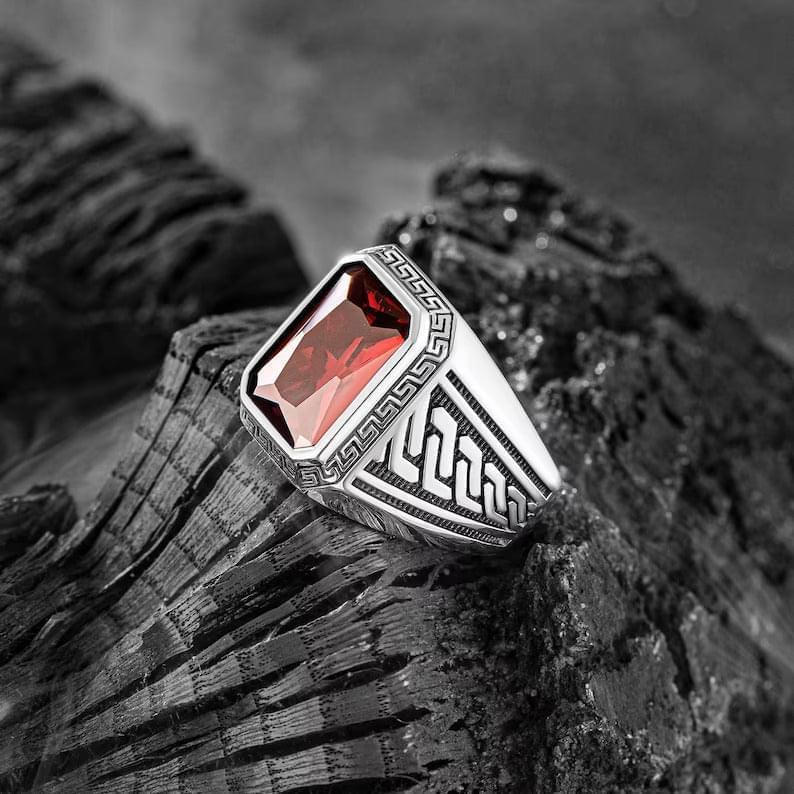 Ancient Greek Desing Ring 925 Sterling Silver - Red Turkish Ring