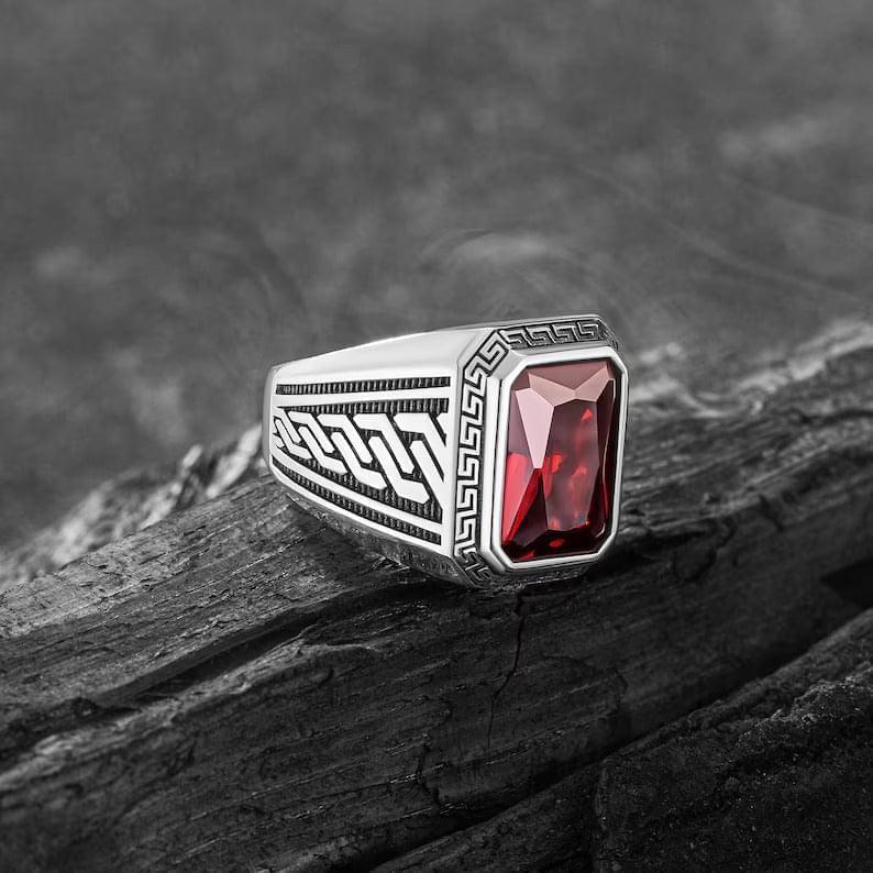 Ancient Greek Desing Ring 925 Sterling Silver - Red Turkish Ring