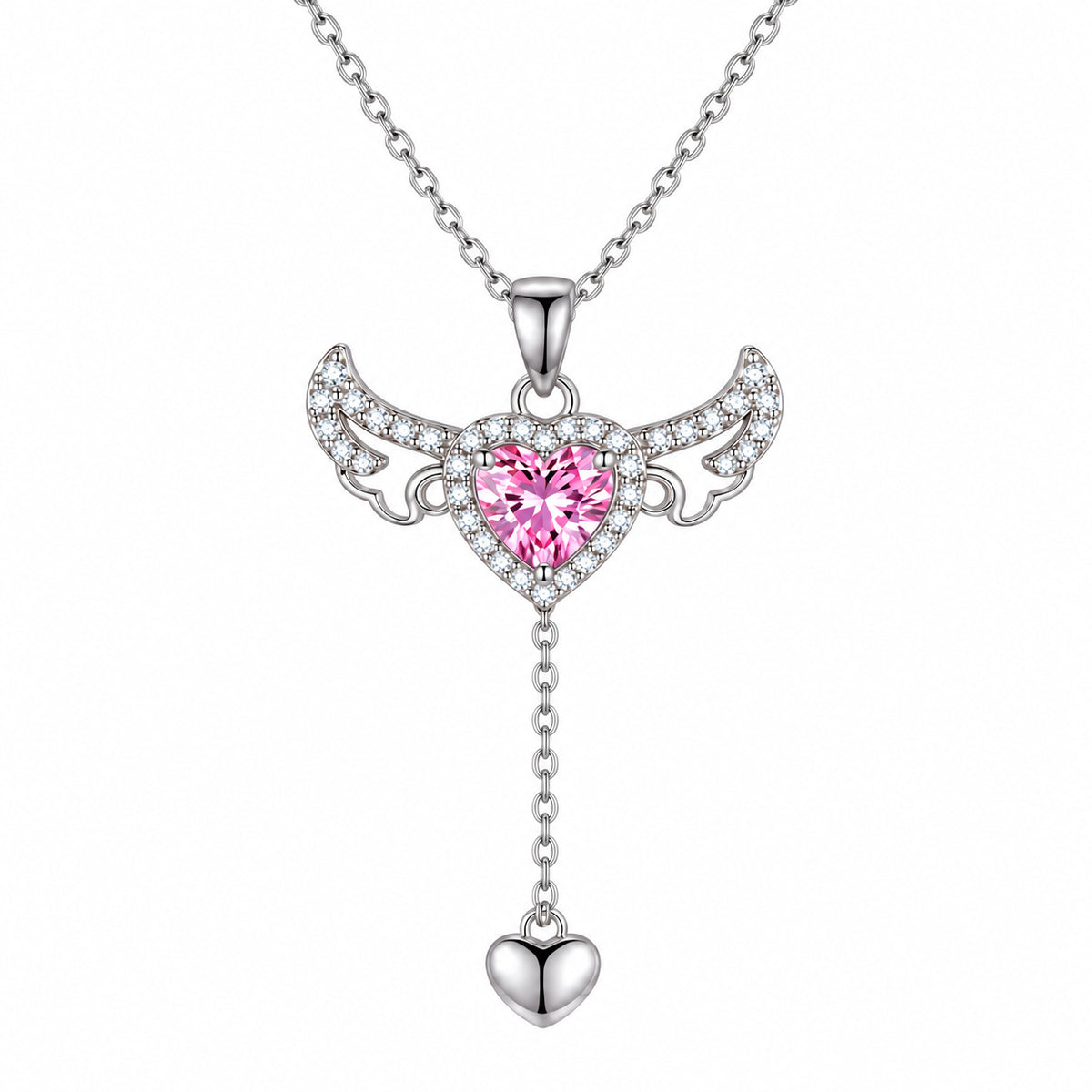 Moving Angel Wings Pink Heart Pendant Necklace