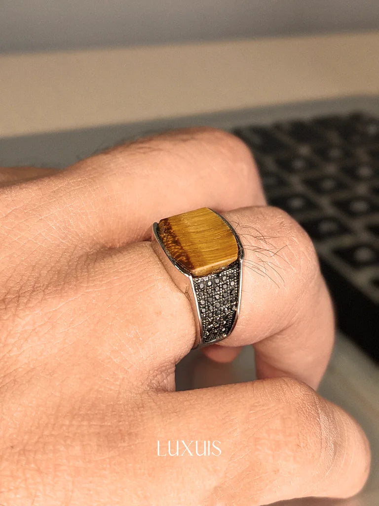 Brown Tiger Eye Men's Ring - 925 Silver