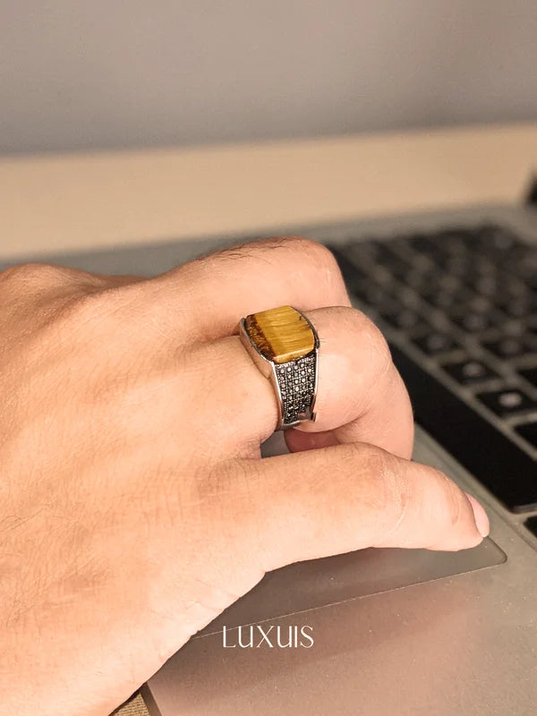 Brown Tiger Eye Men's Ring - 925 Silver