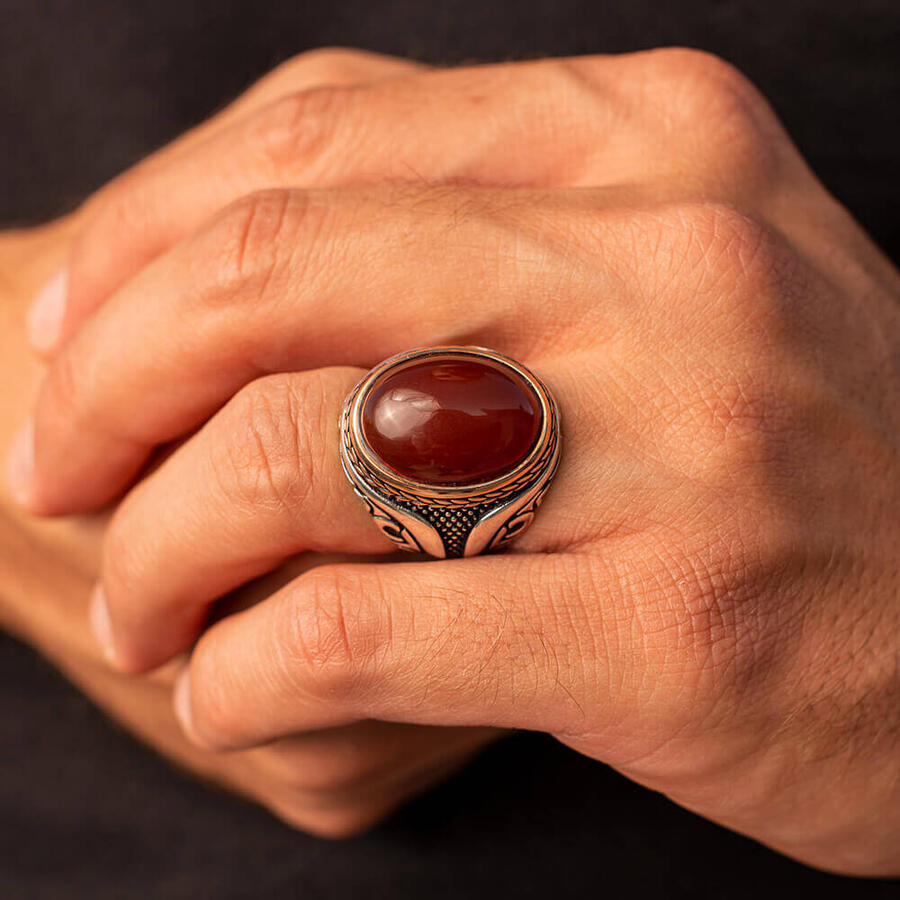 Claret Red Agate Gemstone Men 925 Silver Ring