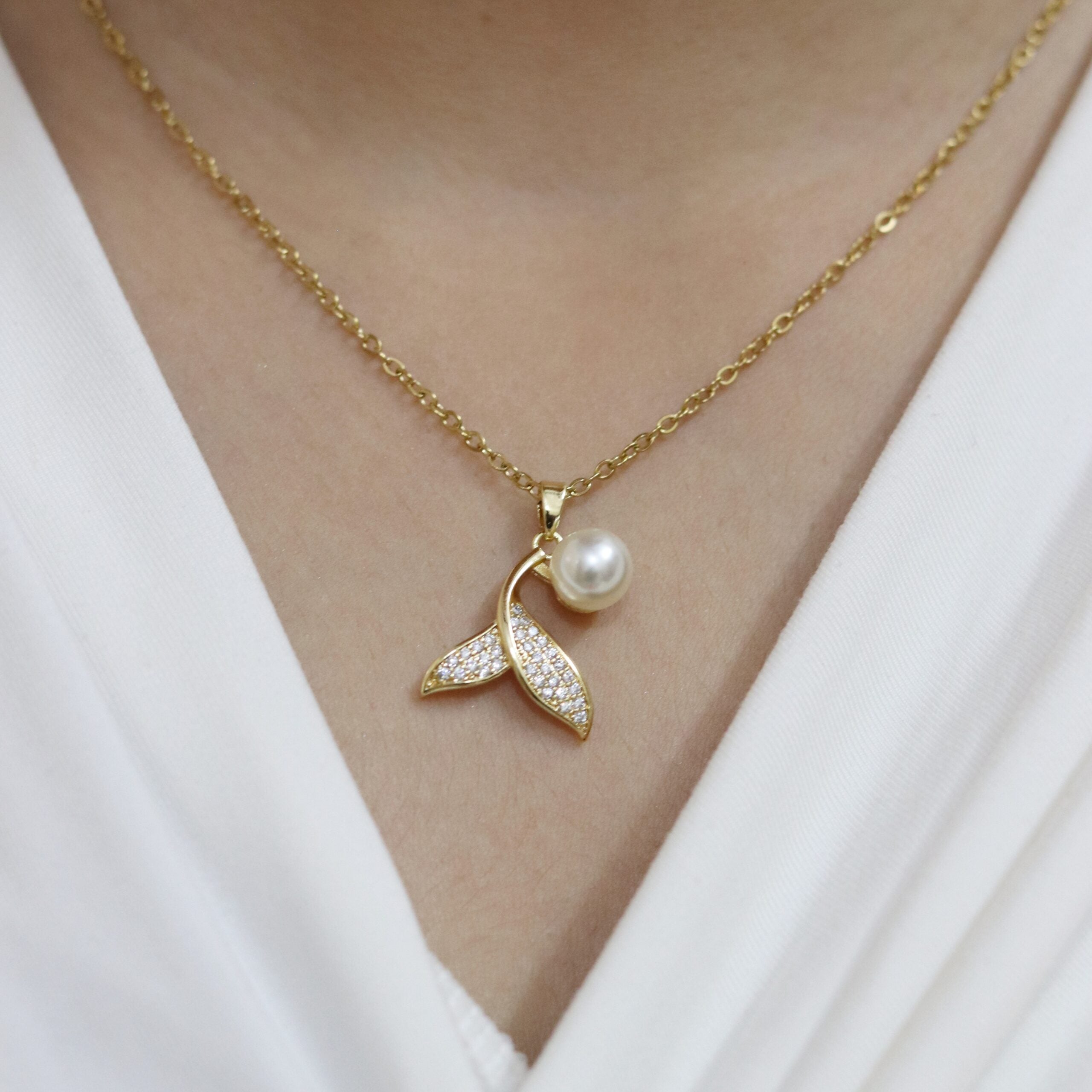Pearl Zircon Mermaid Tail Pendant Necklace