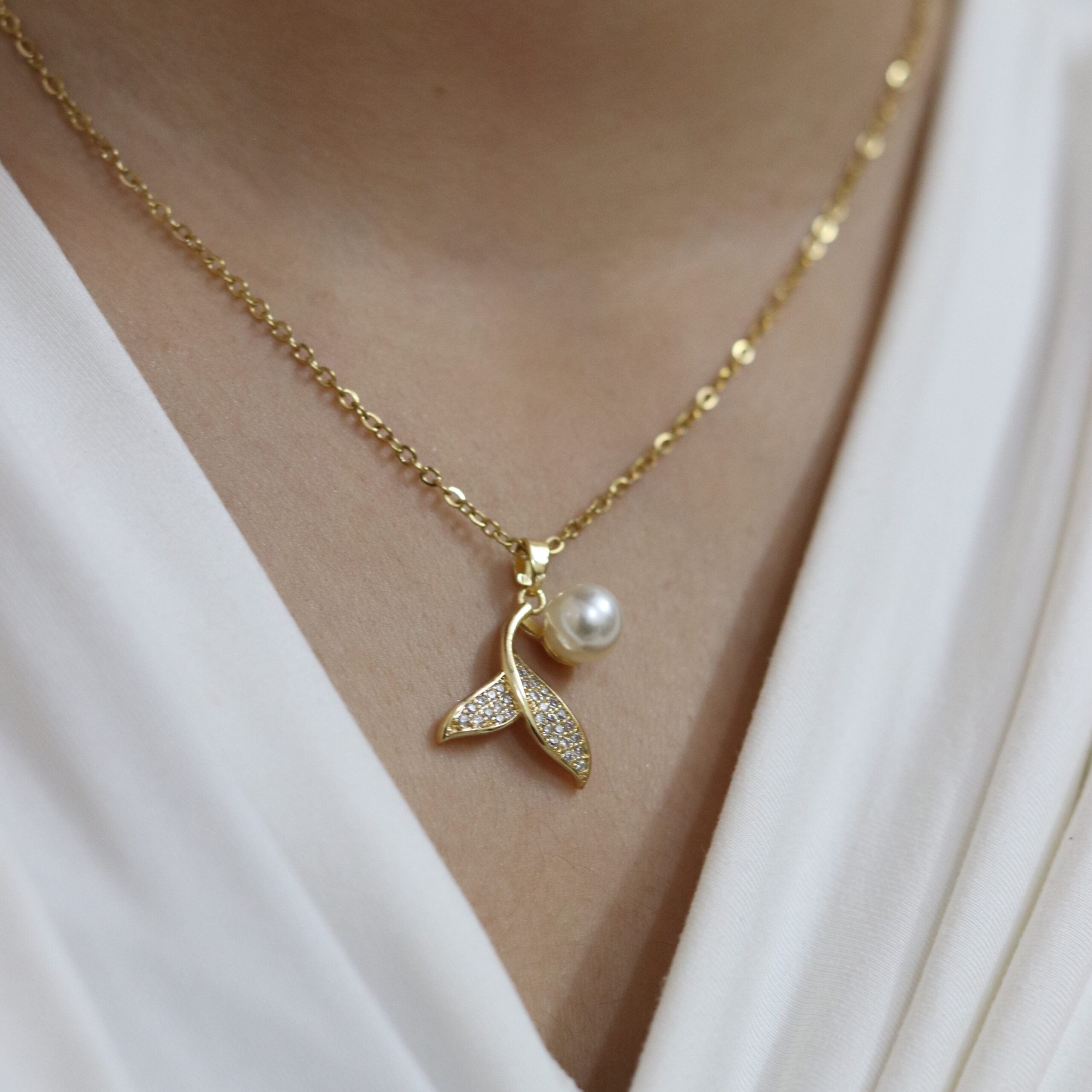 Pearl Zircon Mermaid Tail Pendant Necklace