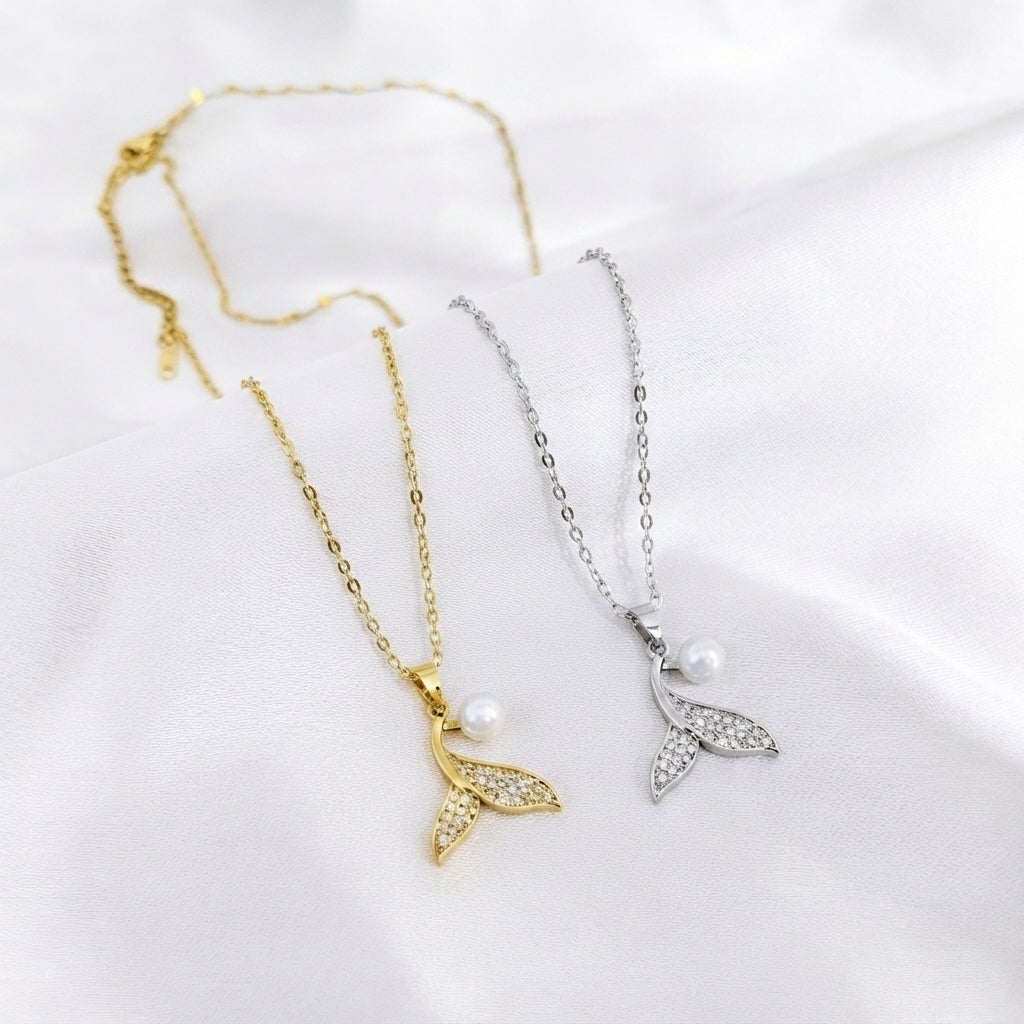 Pearl Zircon Mermaid Tail Pendant Necklace