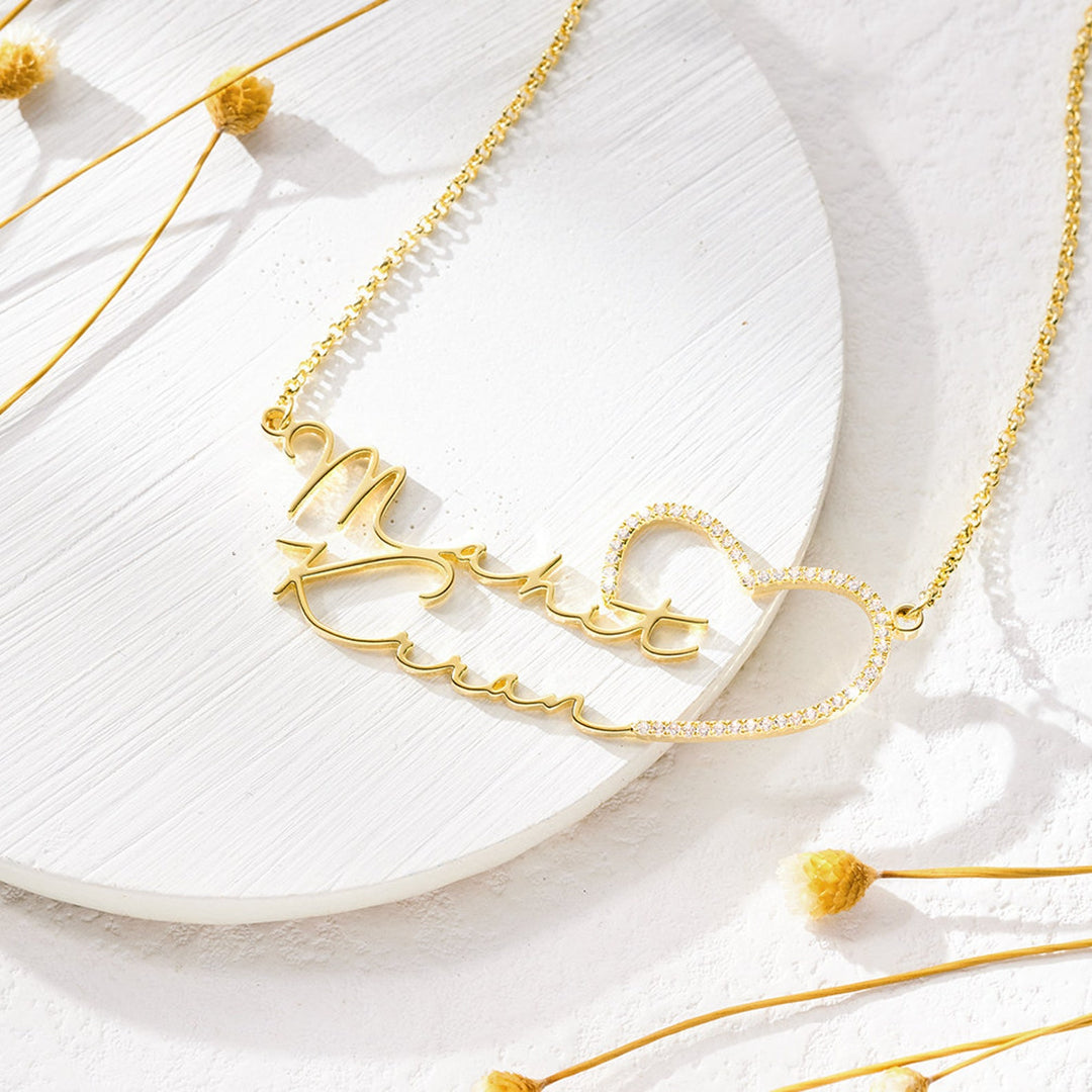 Diamond Double Name Necklace With Heart