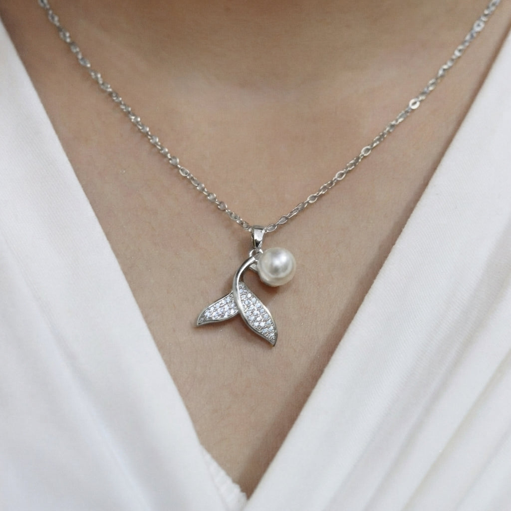 Pearl Zircon Mermaid Tail Pendant Necklace