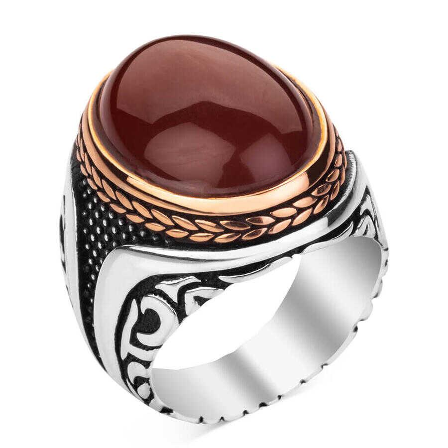 Claret Red Agate Gemstone Men 925 Silver Ring