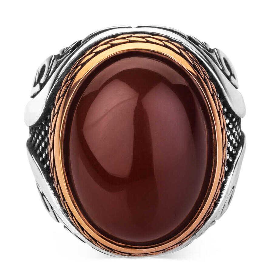 Claret Red Agate Gemstone Men 925 Silver Ring