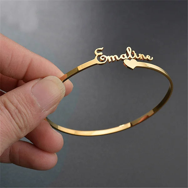 Customize Name Bangle With Heart 24K Gold