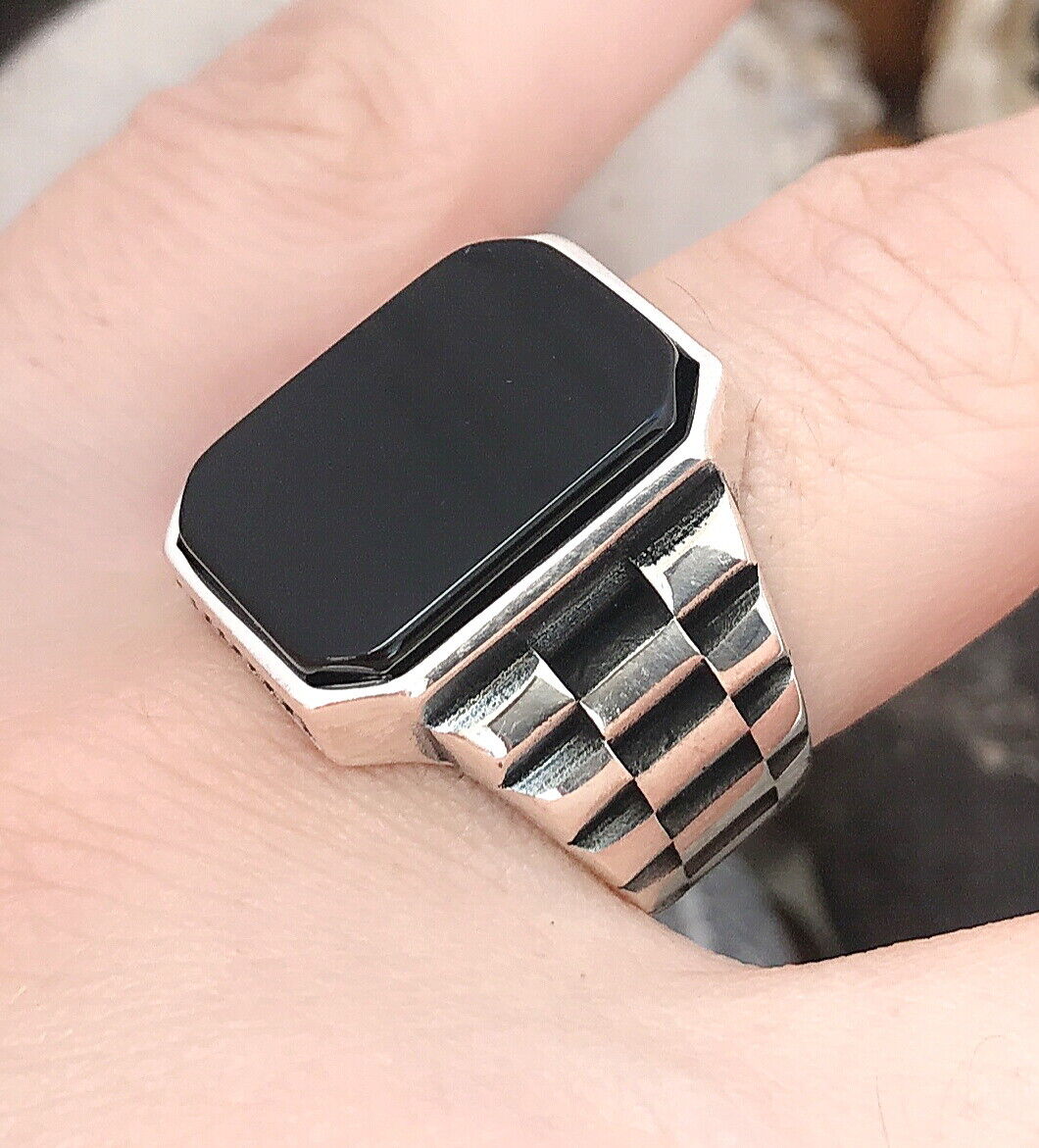 Black Onyx Stone Watch Band Design 925 Silver Ring