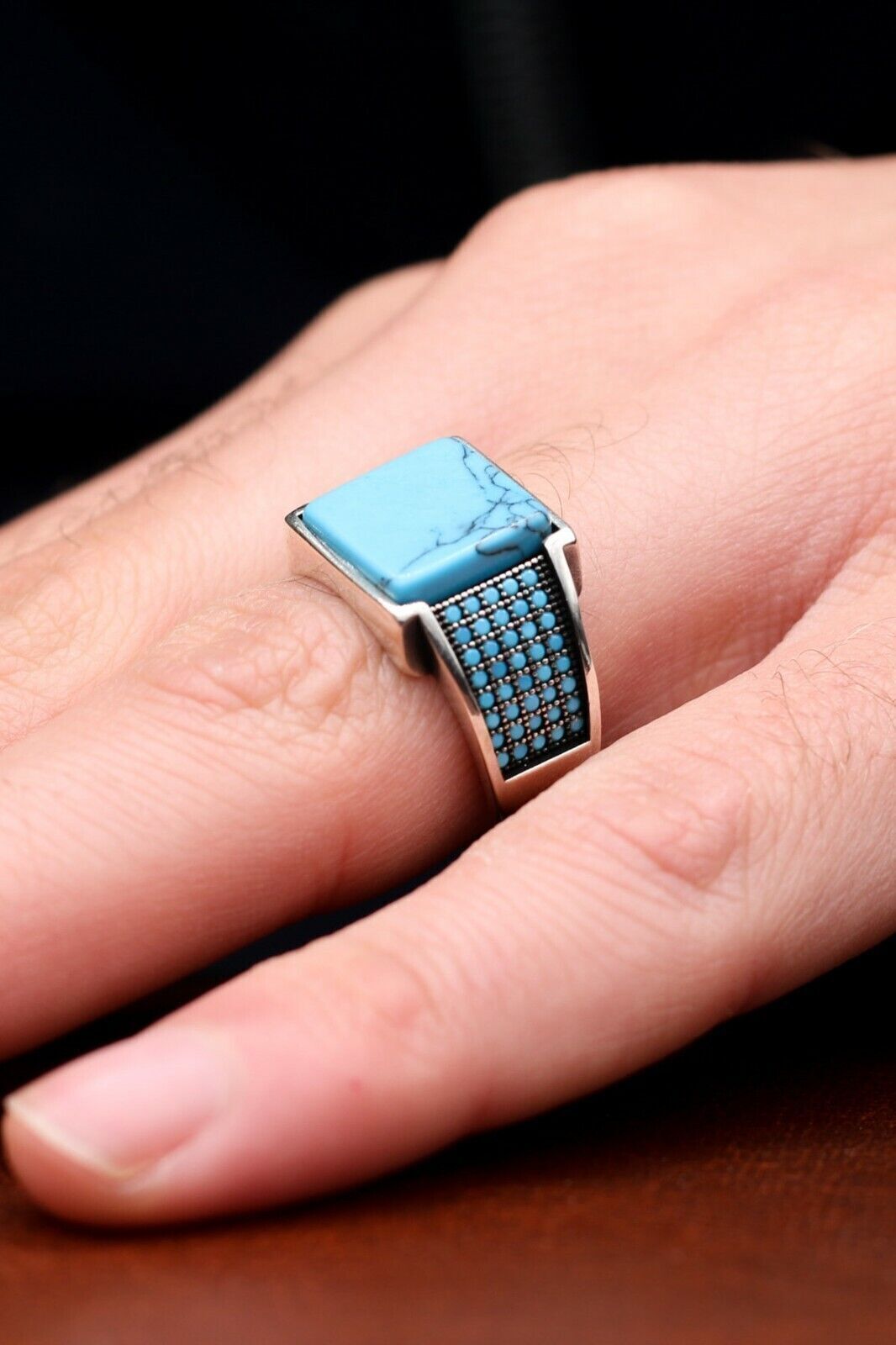 BLUE TURQUOISE MEN'S RING - 925 Silver