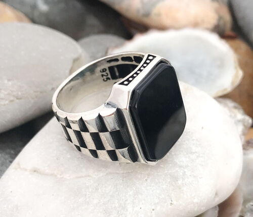 Black Onyx Stone Watch Band Design 925 Silver Ring