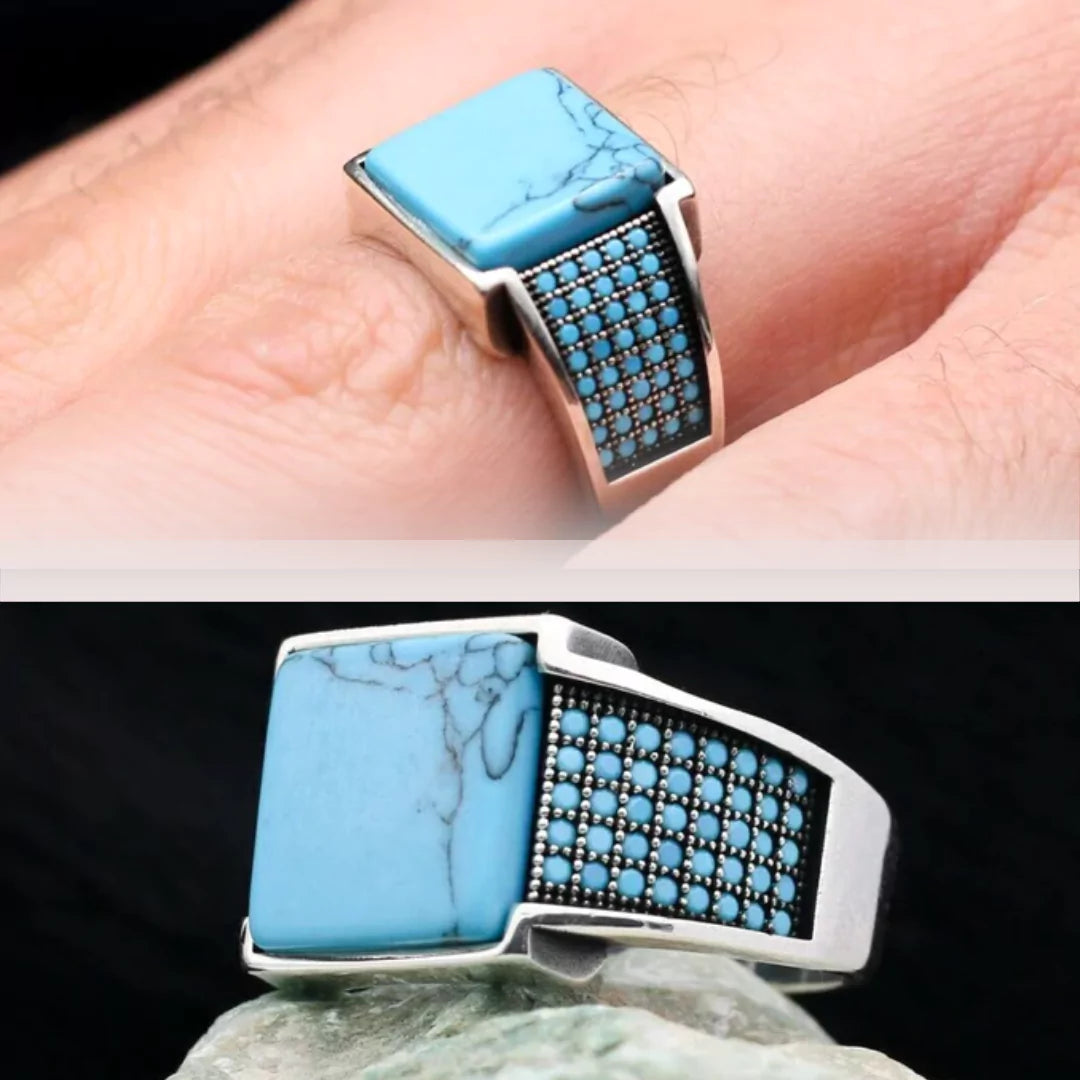 BLUE TURQUOISE MEN'S RING - 925 Silver