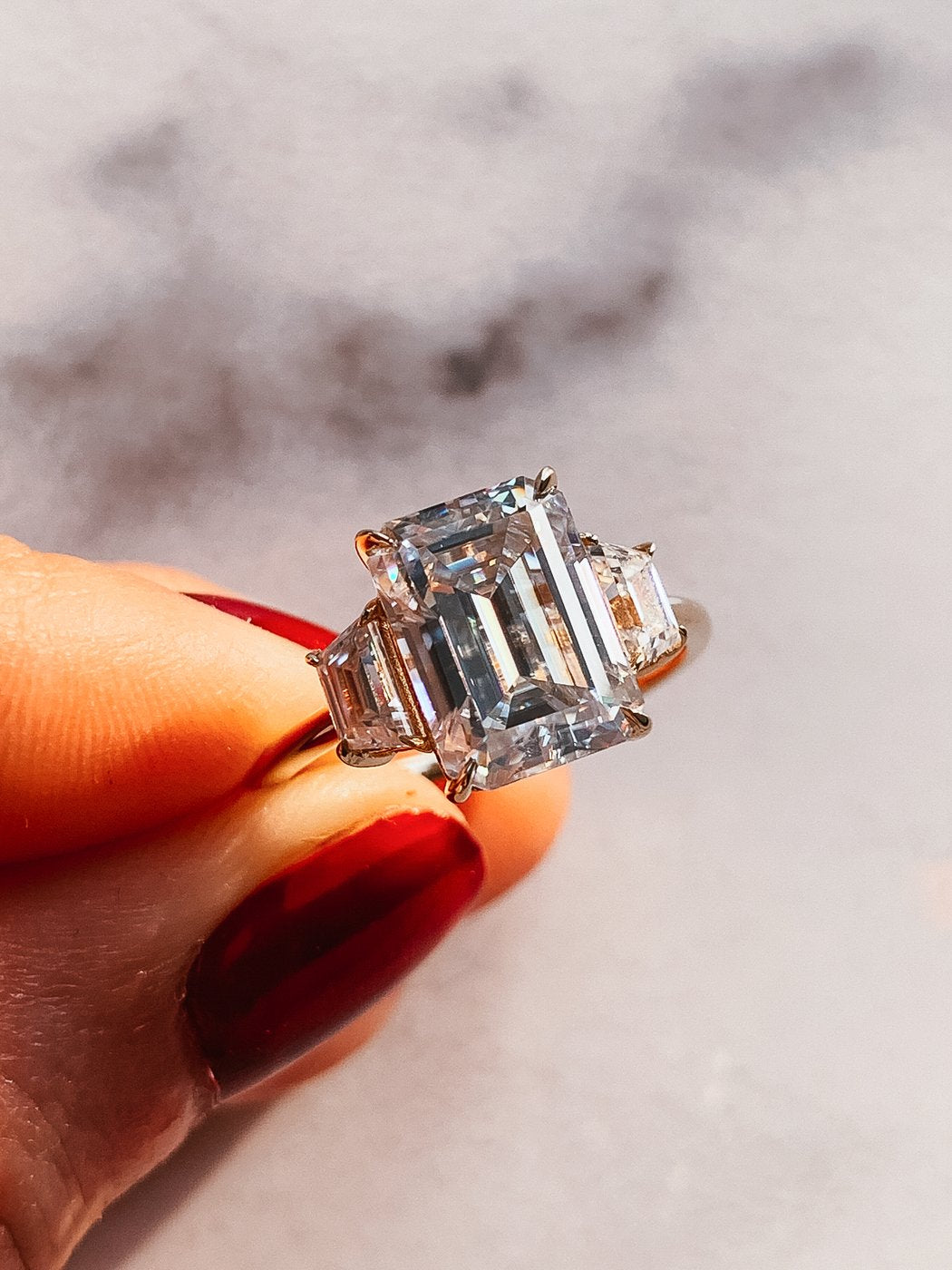 Emerald Cut Moissanite And Diamond Engagement Ring