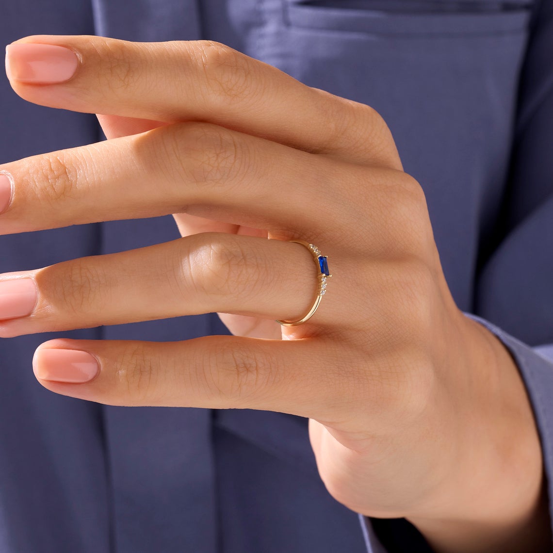 Minimalist Rectangle Blue Sapphire Ring