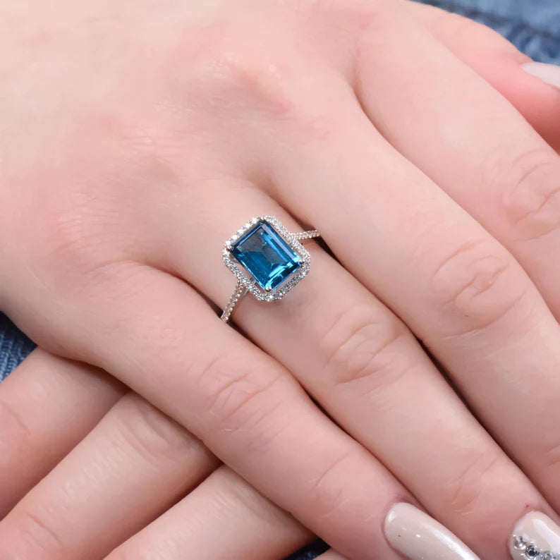 Square Blue Topaz Ring 925 Silver