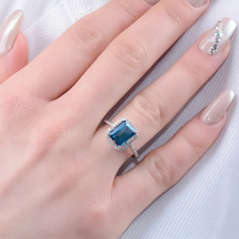 Square Blue Topaz Ring 925 Silver